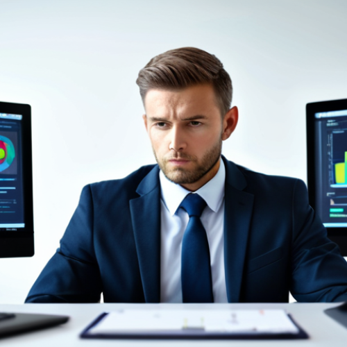 A professional individual, male or female, in a modest business suit, sitting at a desk in a modern, brightly lit office. The person is looking at multiple computer screens, with subtle, abstract digital elements and blurred notification icons floating around, conveying a sense of information overload and mental pressure. Their expression is thoughtful, reflecting the struggle with overwhelming personal missions and digital demands. The image captures the beginning of a realization for balance. Fully clothed, appropriate attire, safe for work, perfect anatomy, correct proportions, natural pose, well-formed hands, proper finger count, natural body proportions, professional photography, high quality, realistic.