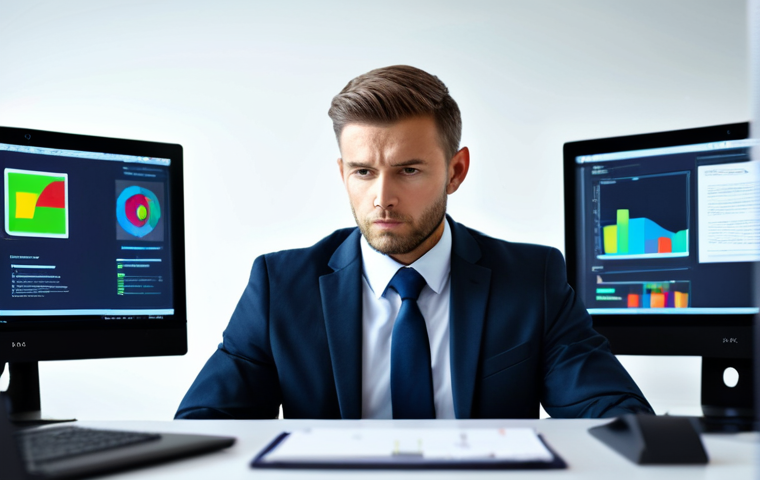 A professional individual, male or female, in a modest business suit, sitting at a desk in a modern, brightly lit office. The person is looking at multiple computer screens, with subtle, abstract digital elements and blurred notification icons floating around, conveying a sense of information overload and mental pressure. Their expression is thoughtful, reflecting the struggle with overwhelming personal missions and digital demands. The image captures the beginning of a realization for balance. Fully clothed, appropriate attire, safe for work, perfect anatomy, correct proportions, natural pose, well-formed hands, proper finger count, natural body proportions, professional photography, high quality, realistic.