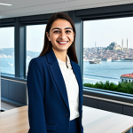 **

A professional Turkish woman in a modest business outfit, smiling confidently while giving a presentation at a modern Istanbul office. Background should include a Bosphorus view. Fully clothed, appropriate attire, safe for work, perfect anatomy, natural proportions, professional photography, high quality. Family-friendly.

**